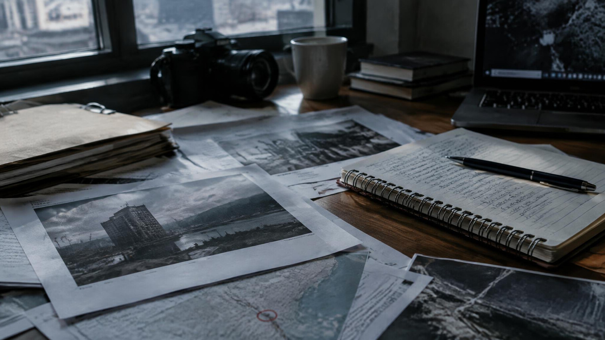 Journalist reviewing documents and reports on a desk