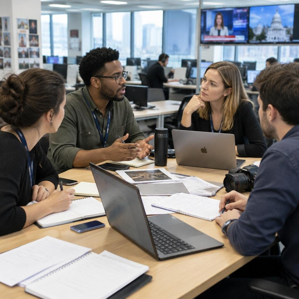 Journalists discussing around a table in a newsroom meeting