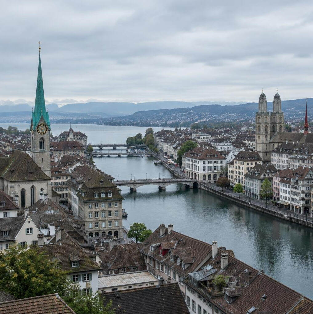 Swiss city skyline with river and old town rooftops