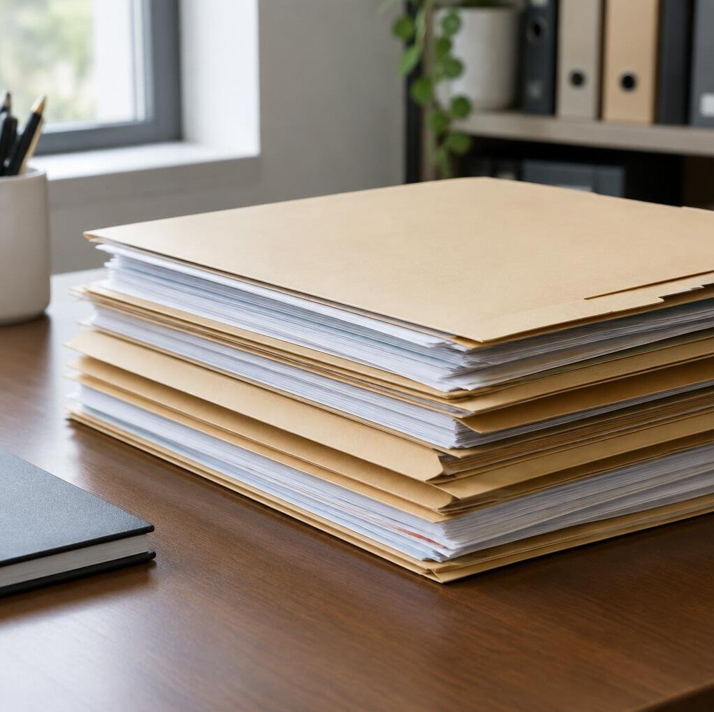 Stack of paper documents and folders