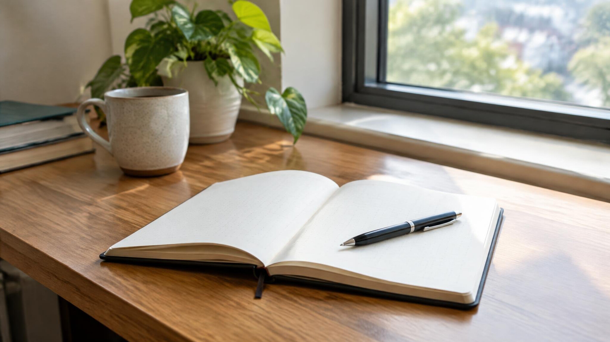 Open notebook and pen on a wooden desk near a window