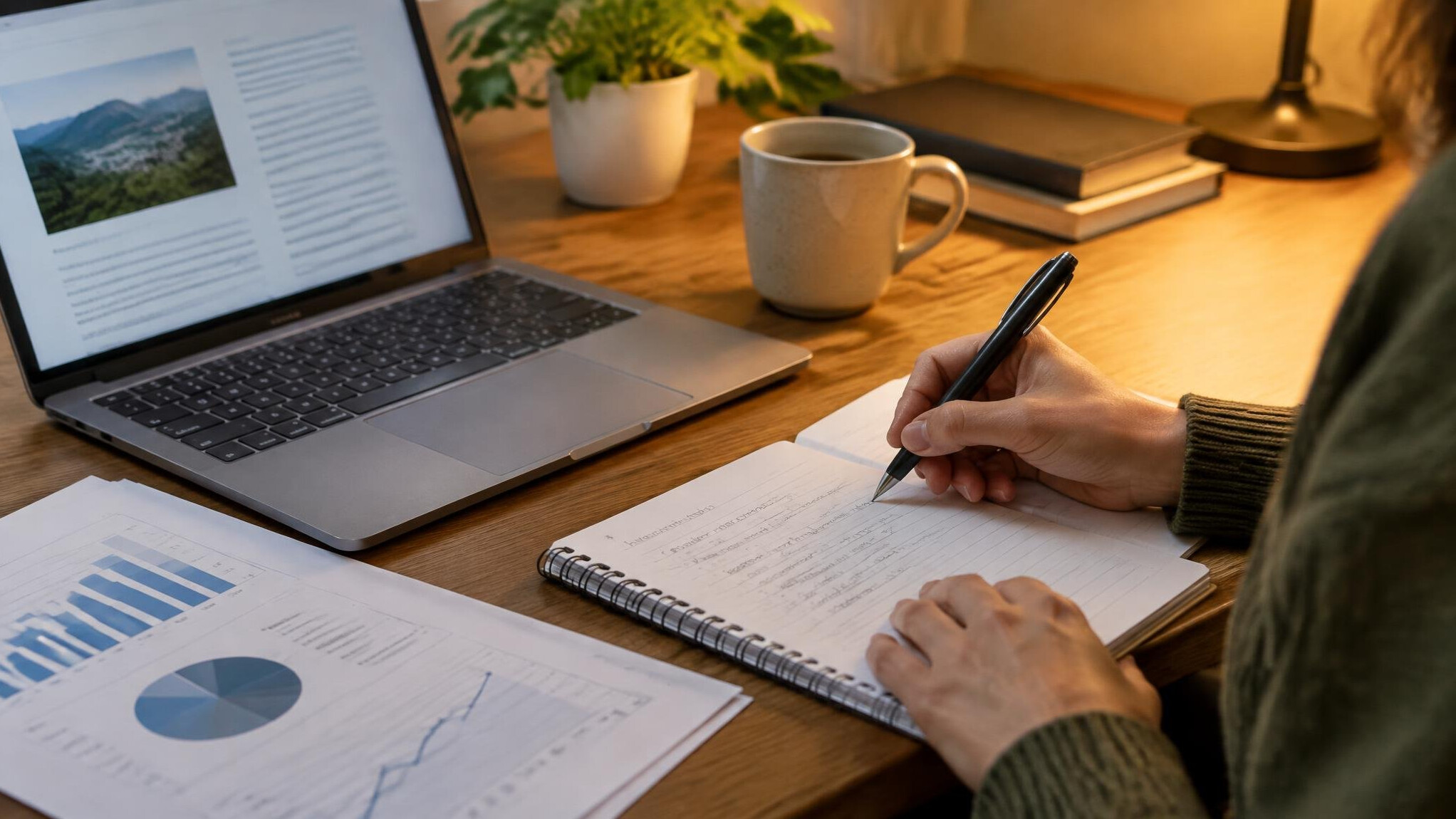 Person writing notes next to a laptop and printed reports