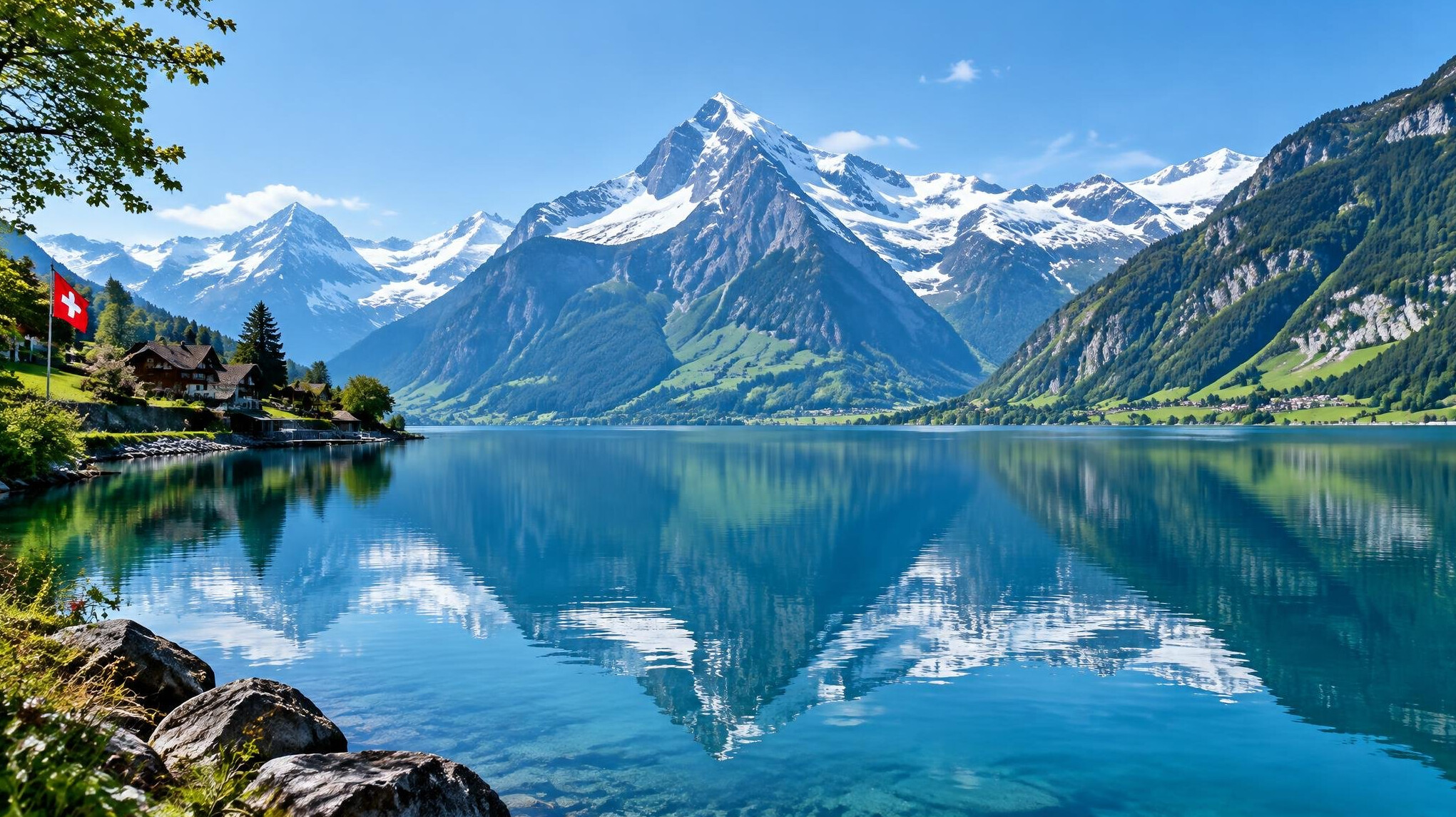 swiss lake mountains reflection