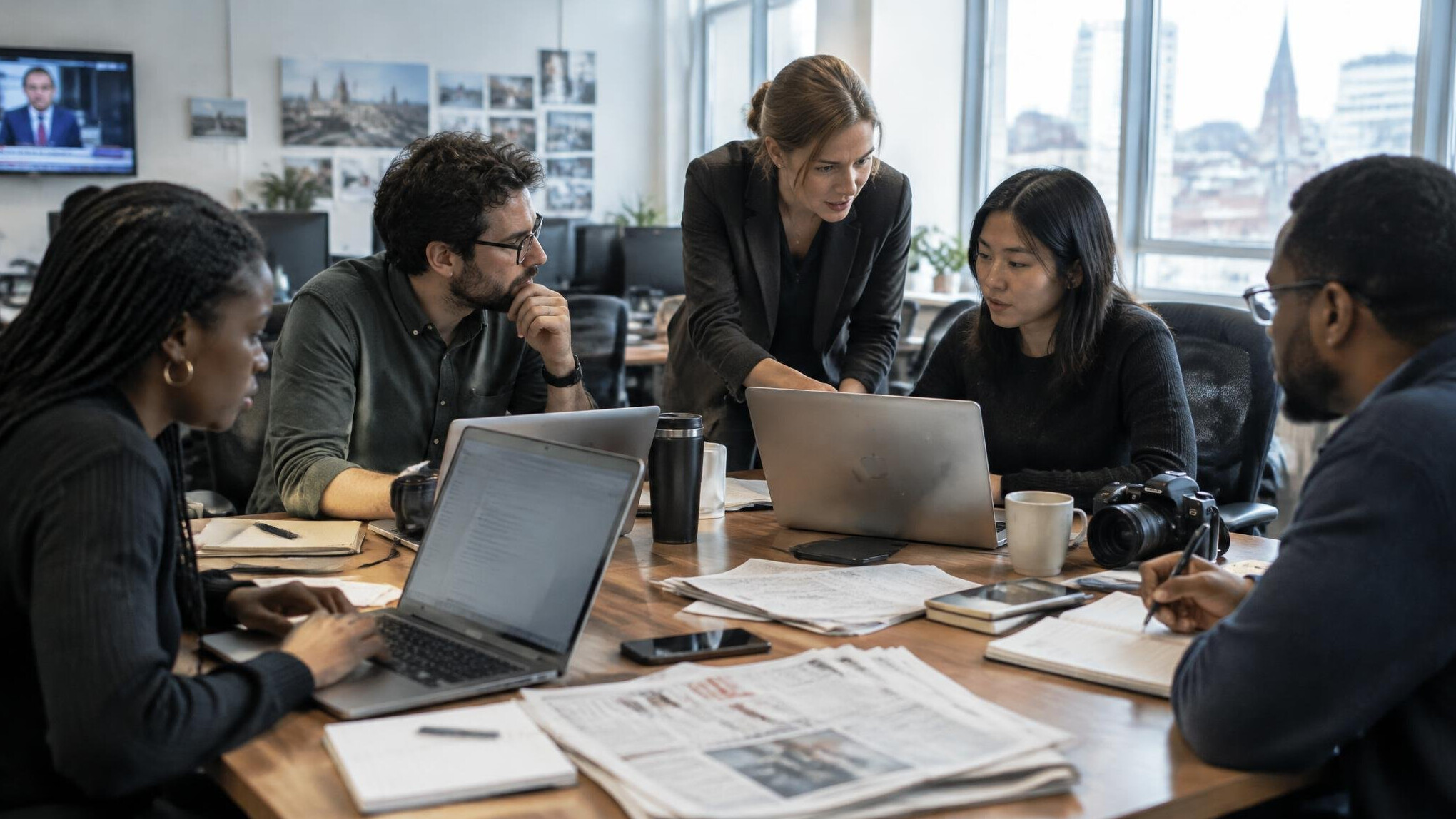 Editorial team working together at a shared desk