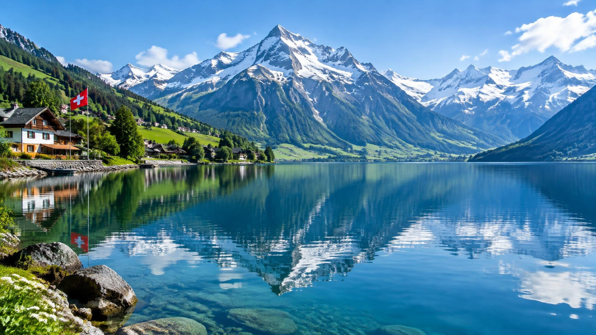 swiss lake mountains reflection