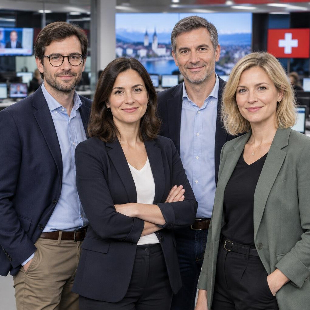 Group of four Swiss journalists standing together in a newsroom